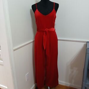 New Gianni Bini GB Red Velvet Jumpsuit Women's L Crop Wide Leg Stretch w/ Belt